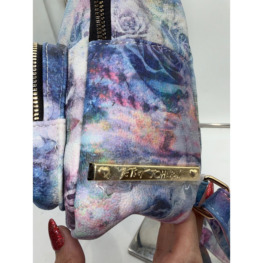 Betsey Johnson French Bulldog Floral Mini Backpack Blue Pink Rose Faux Leather - Picture 5 of 10
